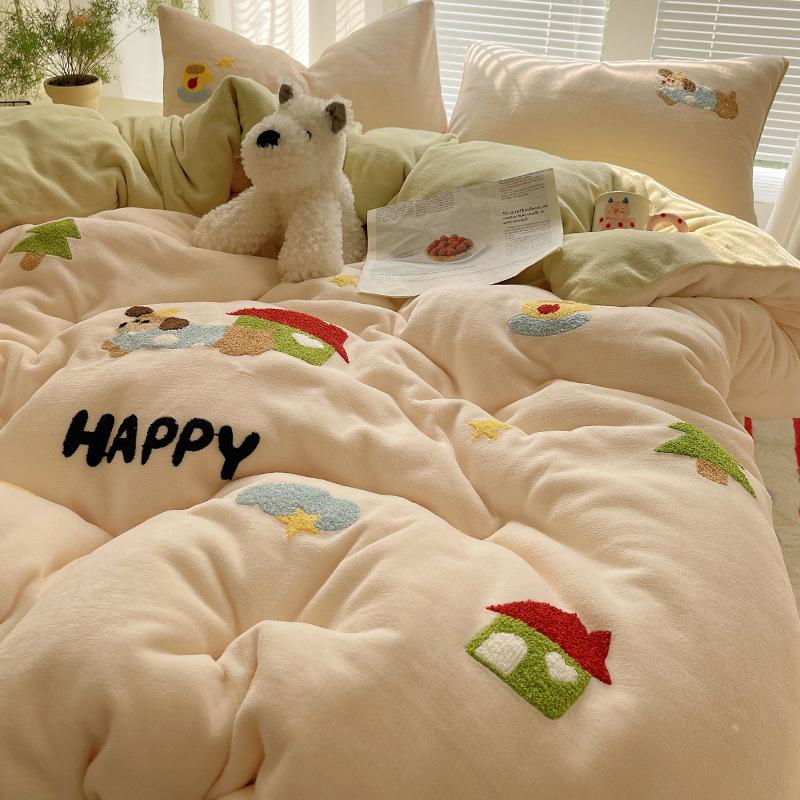 Thickened Milk Fleece Bed Four-Piece Set Fleece Quilt Cover Bed Sheet Coral Flannel Children'S Cartoon Bedding