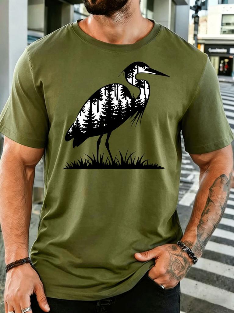 Unisex Short Sleeve T Shirt Heron Graphic Tee Forest Silhouette Print Tops Summer Soft Cotton Casual Street Wear For Adult Male