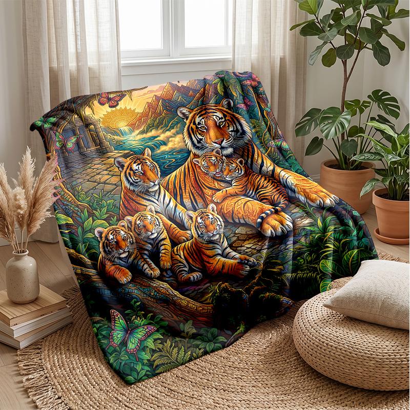Tiger Family in Harmony Theme blanket Lightweight Warm Flannel Blanket Decorative Throw Blanket for Home Decoration