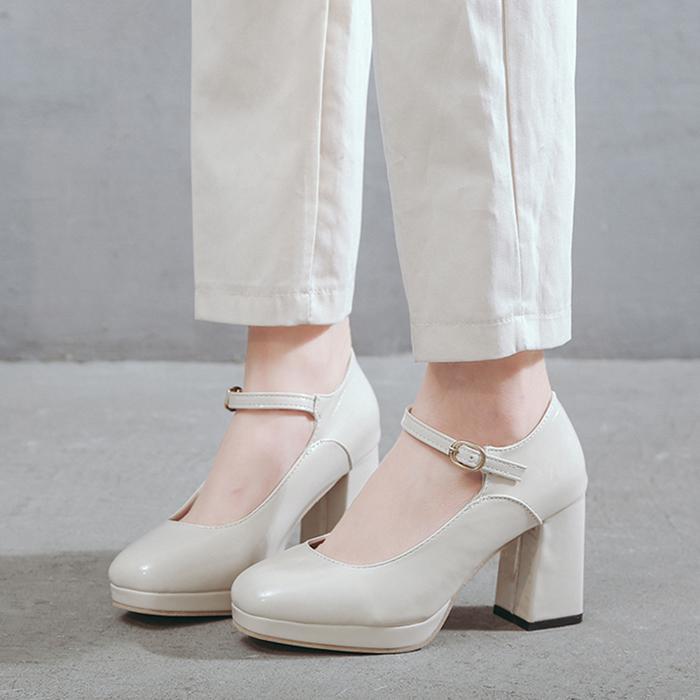 Fashion French Round Toe Mary Jane High Heels Women's Elegant Single Shoes 2024 Female Retro Wine Red Shallow Mouth Thick Heel Pumps