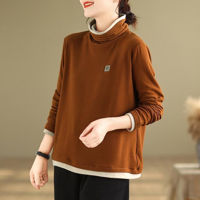 Autumn and Winter New Turtleneck Splicing Bottoming Shirt Women's Fashion Double-sided Thickened Loose Contrasting Top