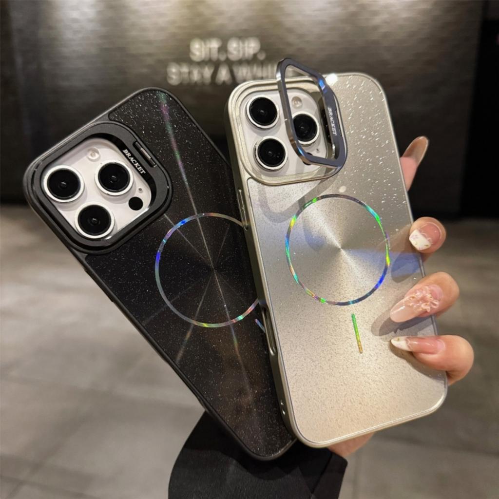 CD Texture Laser Glitter For Magsafe Lens Stand Case For iPhone Air 17 16 15 14 13 12 11 Pro Max Wireless Charge Bracket Cover