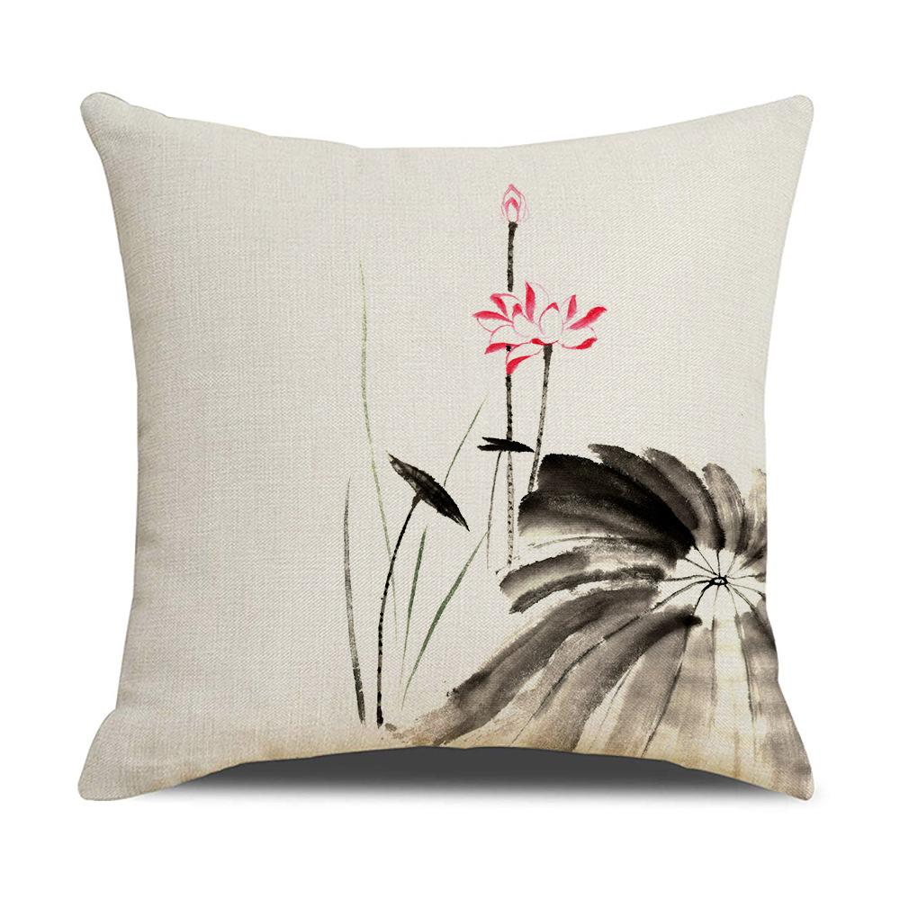 Chinese Style Series Ink Flower and Grass Print Pillow Linen Print New Chinese Style Home Sofa Pillow Living Room Bedroom