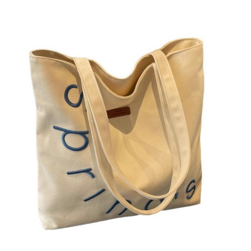 Embroidered Letter Canvas Bag Bag Women's Leisure Large Capacity Shoulder Tote Bag Versatile Student Class Commuting Tote Bag