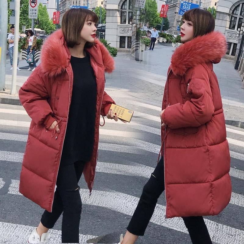 Autumn and Winter Tooling Style Lace-up Medium and Long Cotton-padded Clothes Women's Winter Jackets Women's Hooded Big Fur Collar