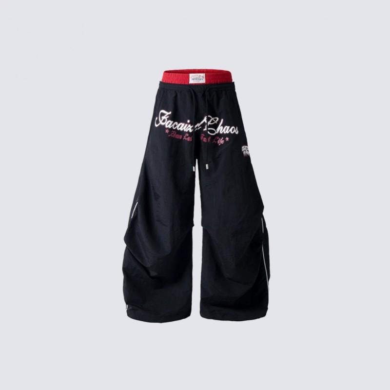 Black Red Faux Two Piece High Waist Wide Leg Pants American Vintage Letter Print Cargo Trousers Teens