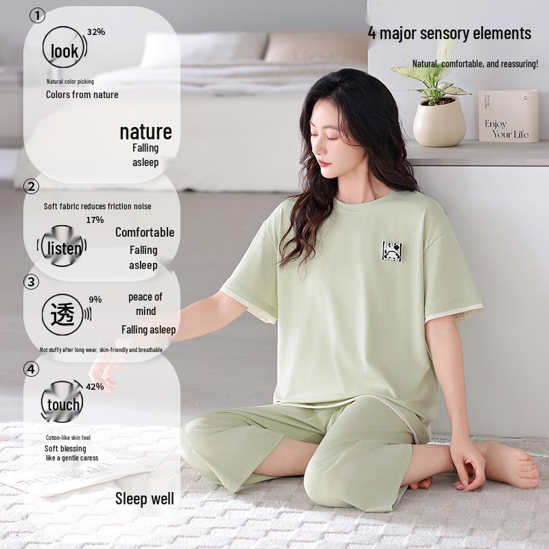 Women's Summer Plus Size Short-Sleeved Pajama Set: Modal Cotton, Three-Quarter Pants, Lightweight, Suitable for Home or Outdoor Wear