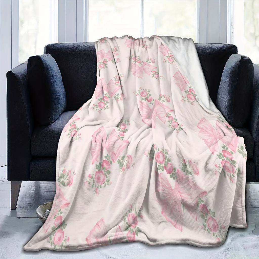 Soft Cozy Pink Bow Floral Flannel Throw Blanket Versatile for Office Camping & Travel All-Season Warmth Machine Washable