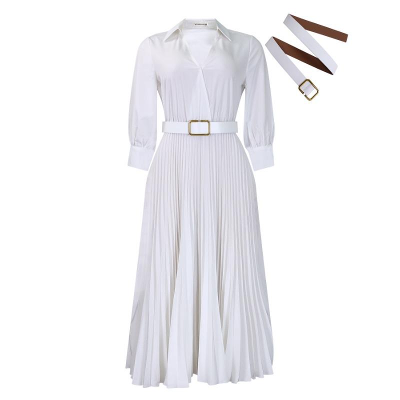 Spring New Women's Solid Color Waisted Lace-up Pleated Dress