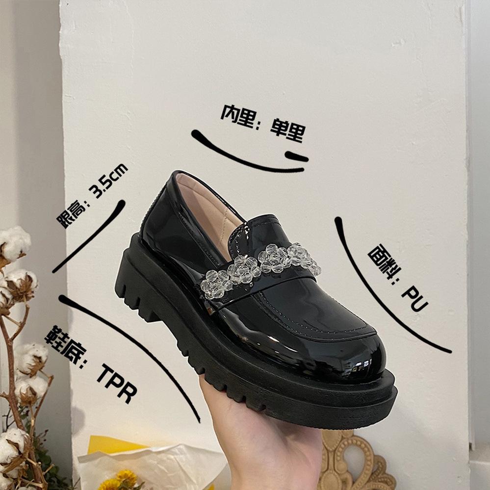 Kleine PU-Lederschuhe Damen Frühling Neue Dicke Sohle Slipper Schuhe Harajuku Stil Kristallblume Einzelne Schuhe Mary Jane Schuhe