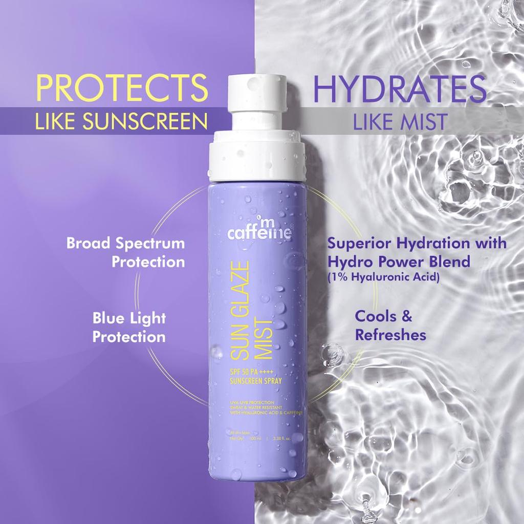 mCaffeine Sun Glaze Mist SPF 50 PA++++ Face Sunscreen Spray 100 ml Lightweight No White Cast Quick Reapply Over Makeup