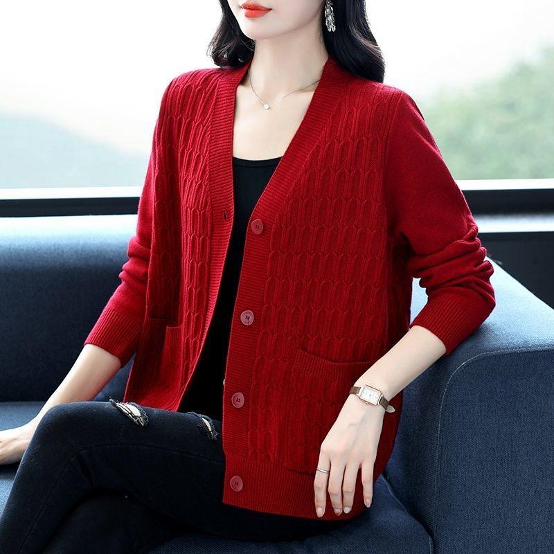 Women's Black V-Neck Knit Cardigan Button Front Long-Sleeve Loose Casual Blouse