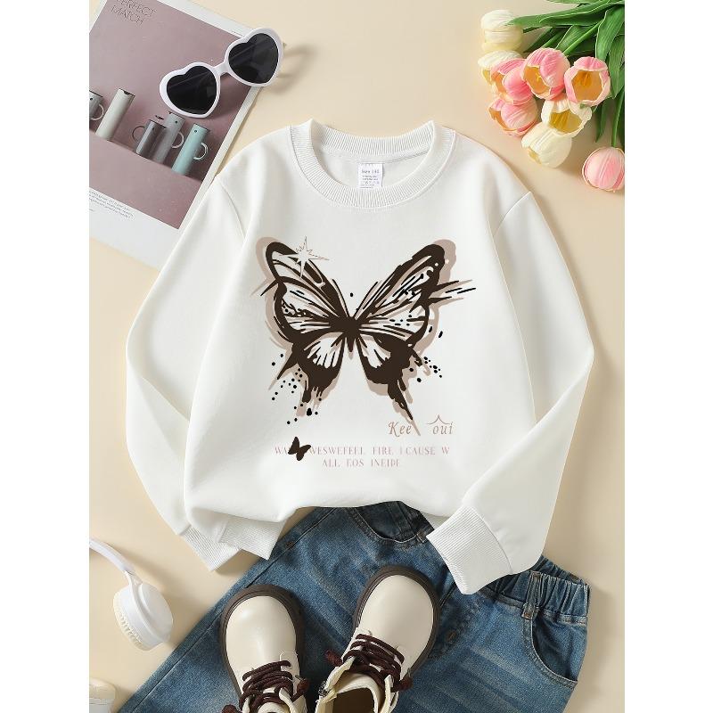 Kids Crewneck Long Sleeve Pullover Sweatshirt, Butterfly Wings Graphic Print, Spring & Autumn Casual Sports Tops 110