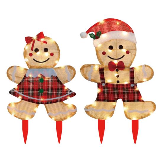 2 Pcs Christmas Gingerbread Man Yard Sign Lighted Gingerbread Boy And Girl Sign with Stake for Outdoor Lawn Patio Garden Decor