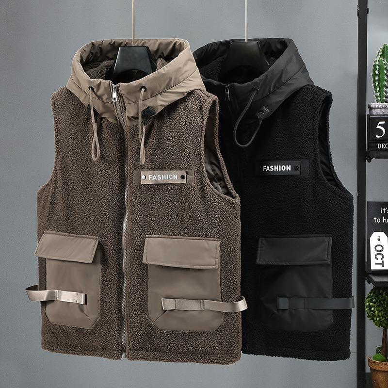 Men Plus Size Warm Hooded Thick Fleece Lined Casual Winter Sleeveless Vest
