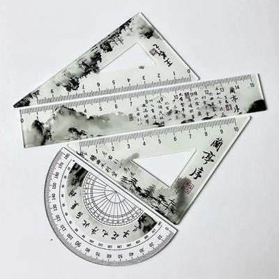 Chinese Ancient Calligraphy Transparent 4-piece Ruler Student Straight Ruler Triangle Ruler Protractor Back To School Supplies