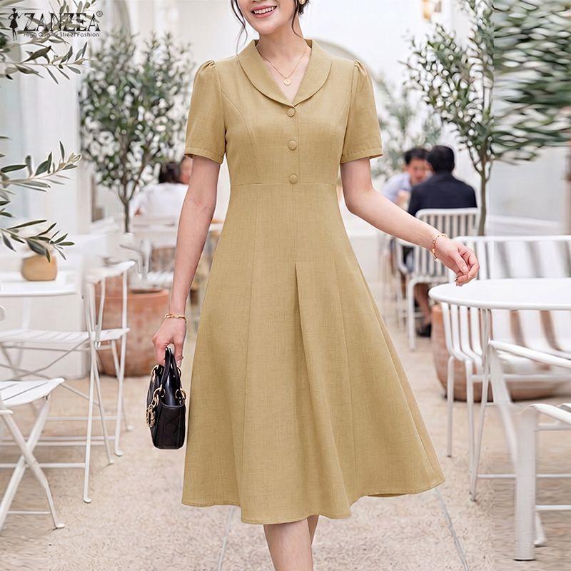 ZANZEA Elegant Women Turn Down Collar Casual Short Sleeve Dress