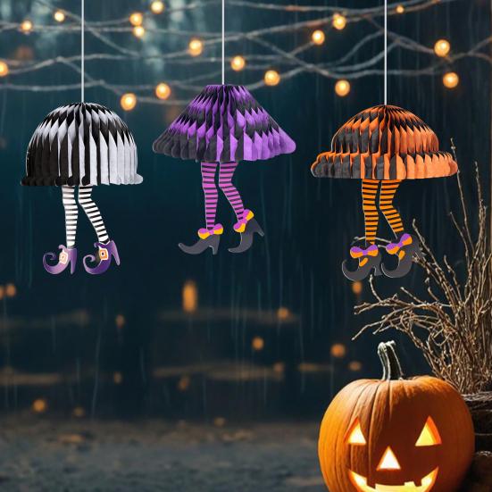 Witch Leg Halloween Decor Black & White Striped Hanging Ornaments with Purple Shoes Creepy Party Ceiling Decorations