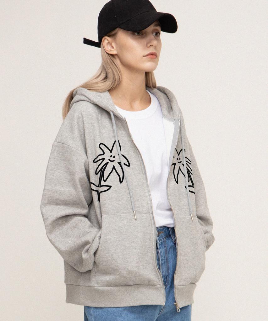 Graver [Unisex] Two Drawing Line Flower Zip-Up Hoodie_Gray