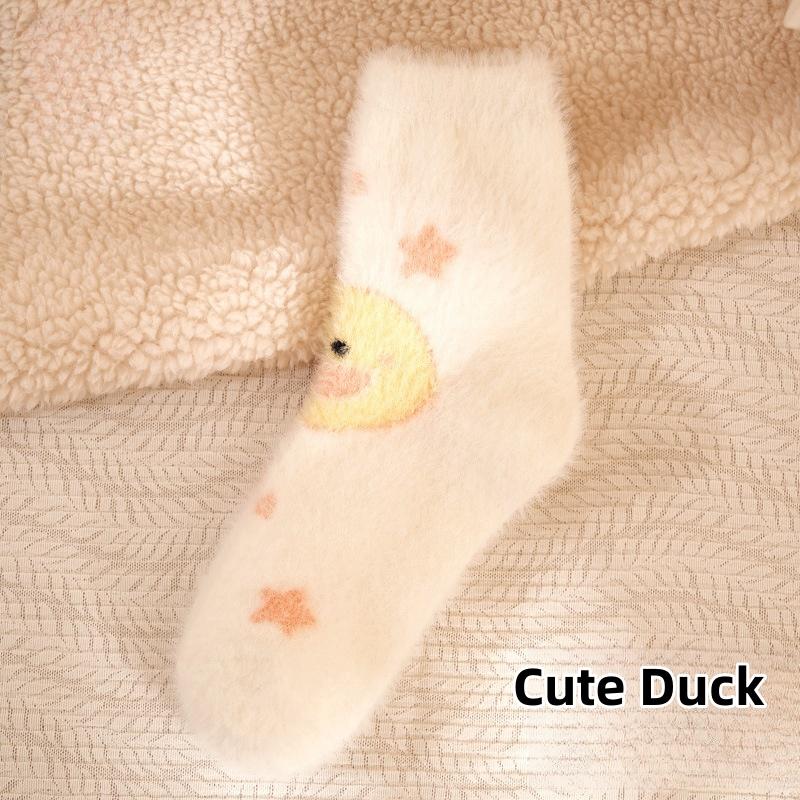 Yellow Duck Socks Children's Mid Tube Autumn and Winter Cute Imitation Mink Velvet Long Socks Home Floor Postpartum Sleep Socks