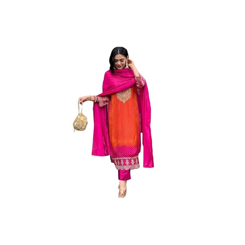 GoSriKi Women's Rayon Blend Straight Embroidered Kurta with Pant & Dupatta (Lasivan Pink-GS_L_Pink_Large)