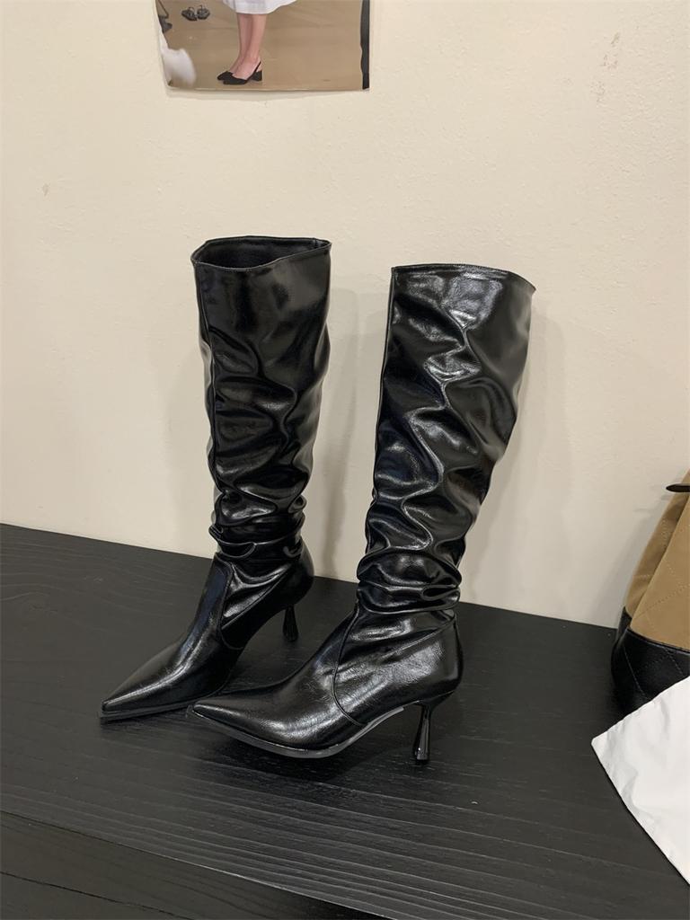 Pointed European and American sexy stacked high-heeled boots thin-heeled pleated boots but knee-high knight boots women