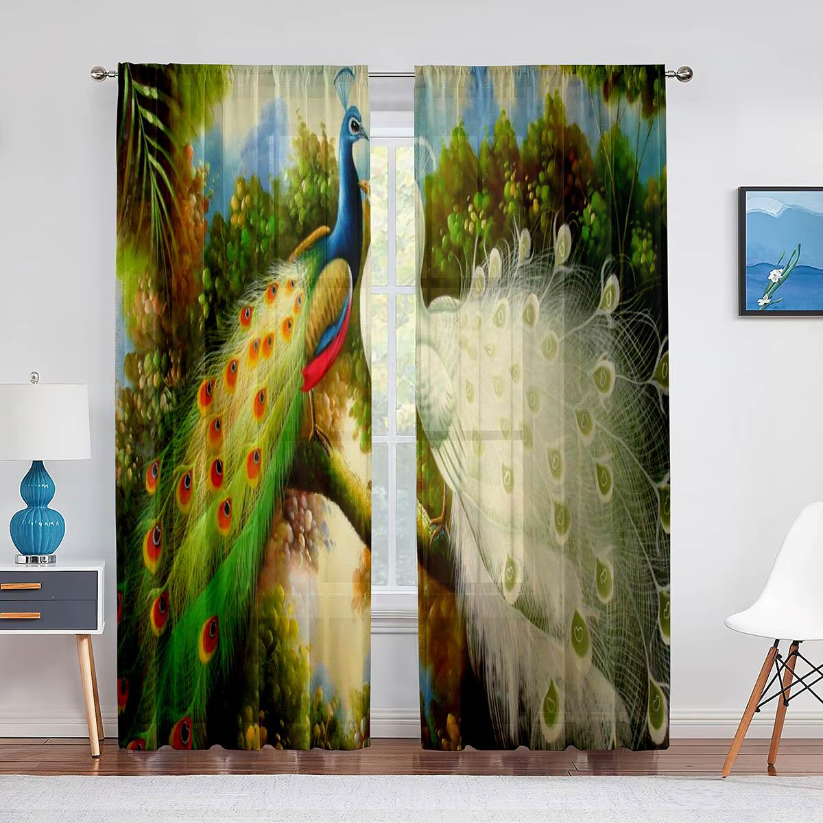 Голубые красивые прозрачные шторы с изображением павлина — фото 9