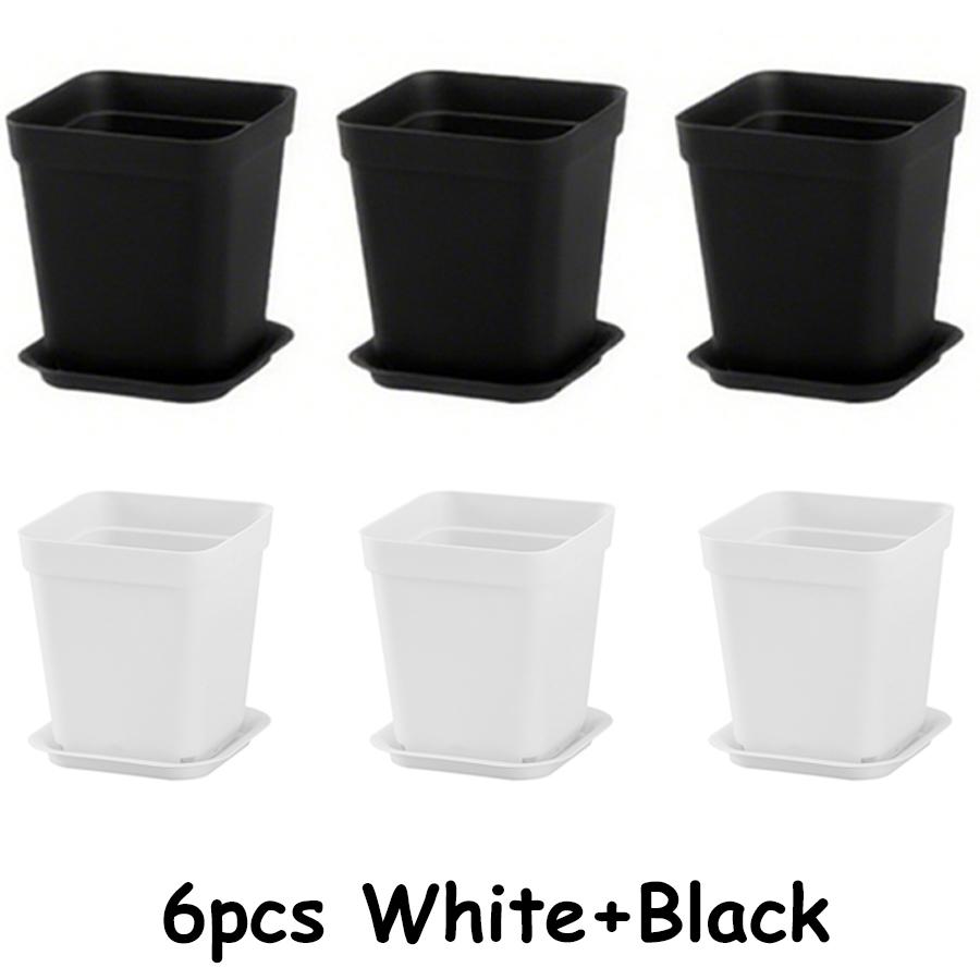6pcs 7cm Black/White Plastic Square Plant Pots with Drainage Trays Ideal for Succulents Office Desktop Gardening Balcony Decor