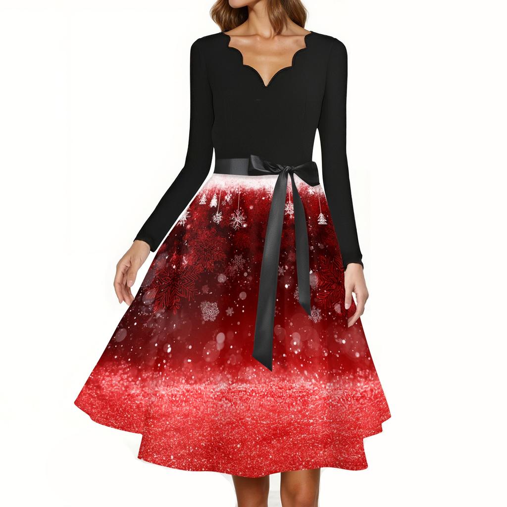 Women's Casual Fashion Christmas Print V-Neck Vintage Dress for Holiday Gatherings