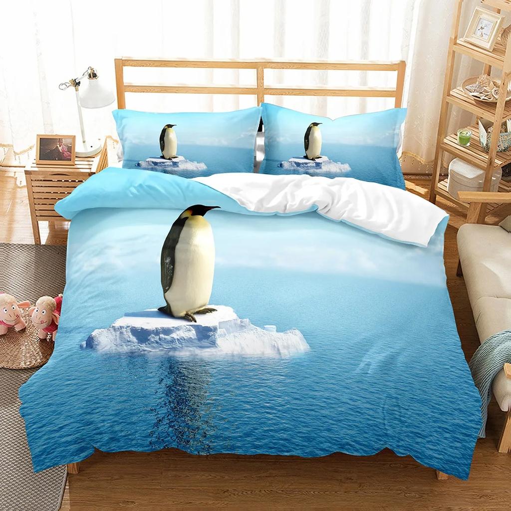 Cute Penguin Pattern Duvet Cover Set Cute Kawaii Animals For Boys Girls Bedroom Decor Polyester Comforter Cover King Queen Size