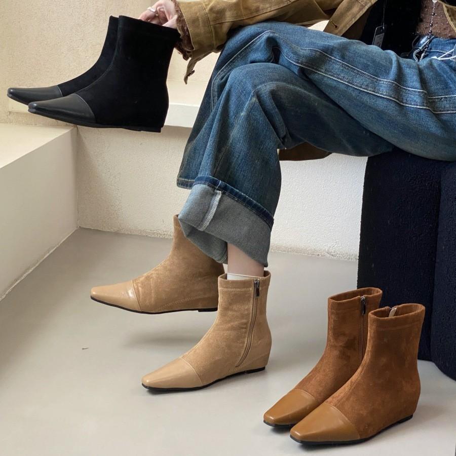 French splicing square head thick heel short boots women's 2025 autumn and winter new suede temperament medium heel thin boots socks boots women's