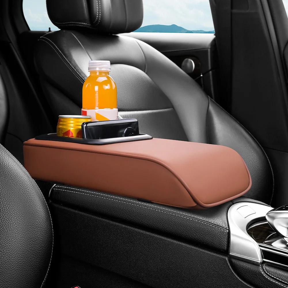 2 in 1 Car Armrest Cushion with Cup Holders, PU Leather Center Console Pad, Portable Height Adjustable Pillow for Comfort Suppor