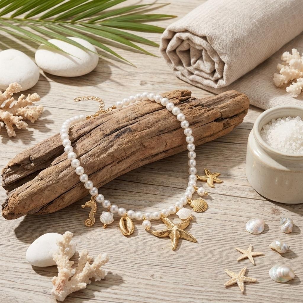 Metal Seahorse Shell Starfish Imitation Pearl Beaded Necklace For Women Men Boho Ocean Beach Spiral Conch Turtle Choker Zircon