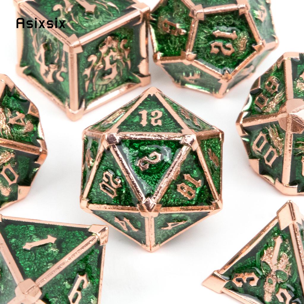 7 Pcs Green Golden Skull Metal Dice Solid Metal Polyhedral Dice Set Suitable for Role-Playing RPG Board Game Card Game