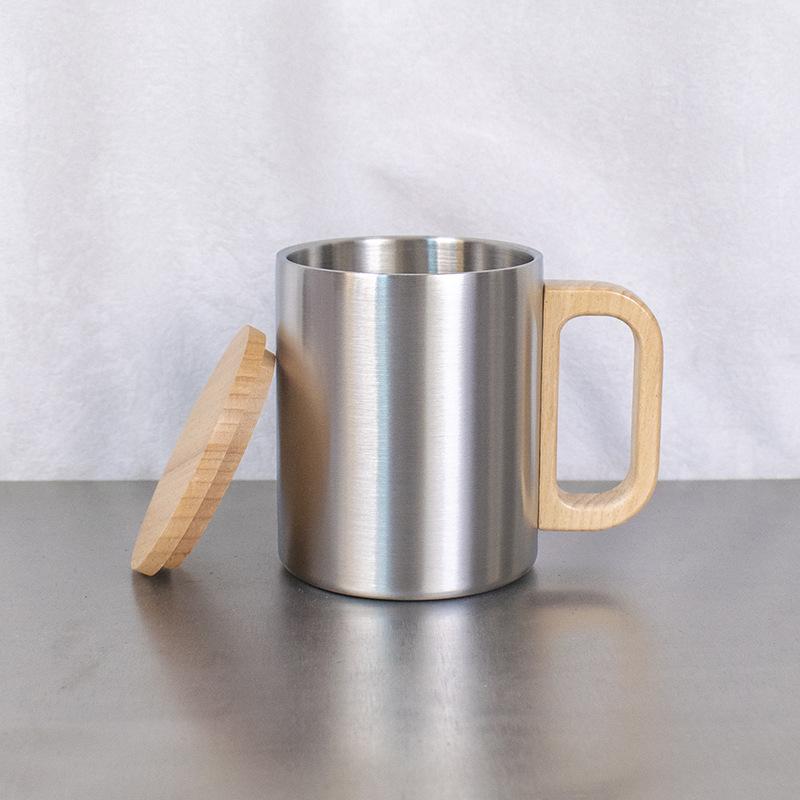 Кружка с двойными стенками, деревянная ручка с крышкой, питьевая чашка из нержавеющей стали, кофейная чашка, ручка из бревна бука 300ml (without cap)