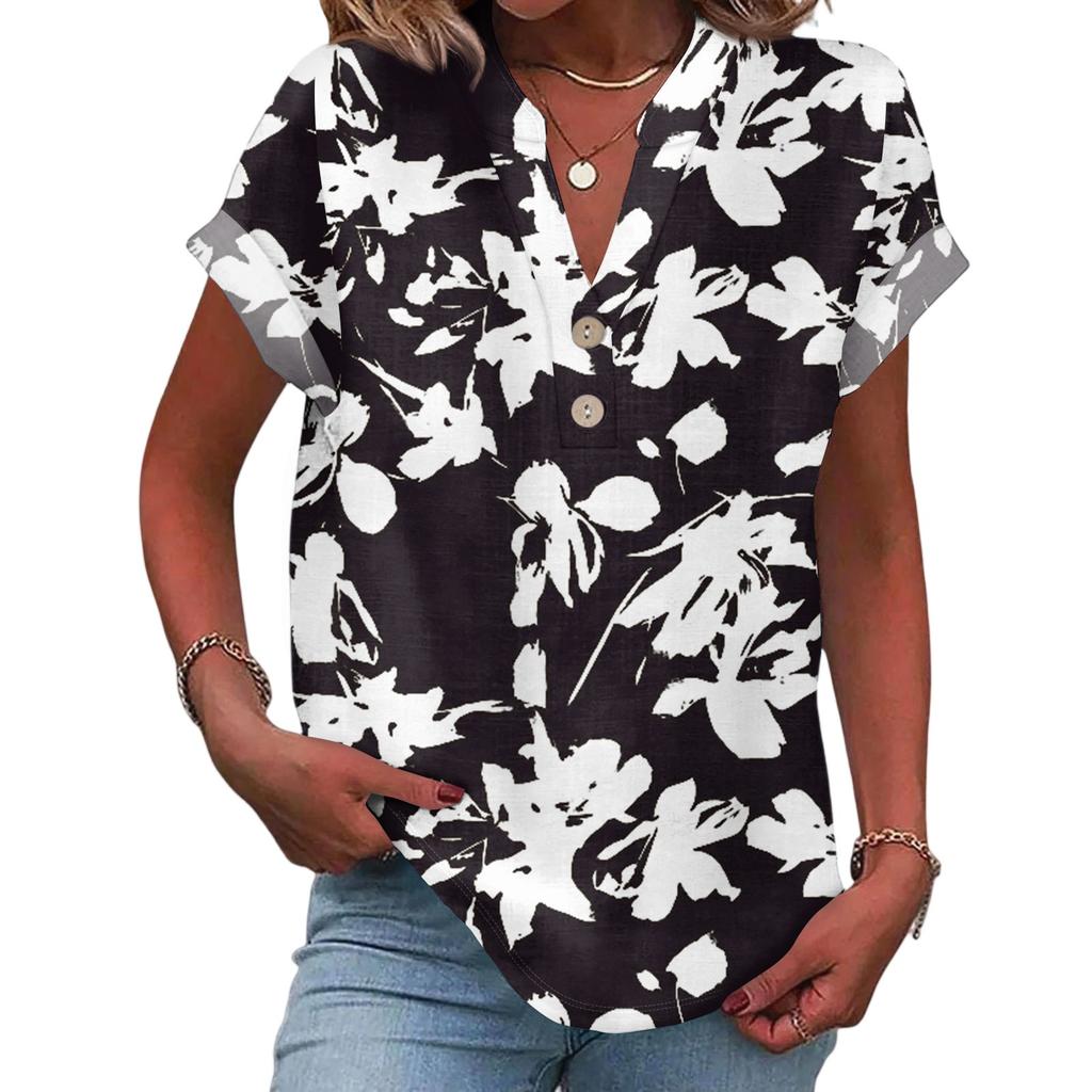 Ladies Casual Fashion V-Neck Button Floral Print Short Sleeve Top