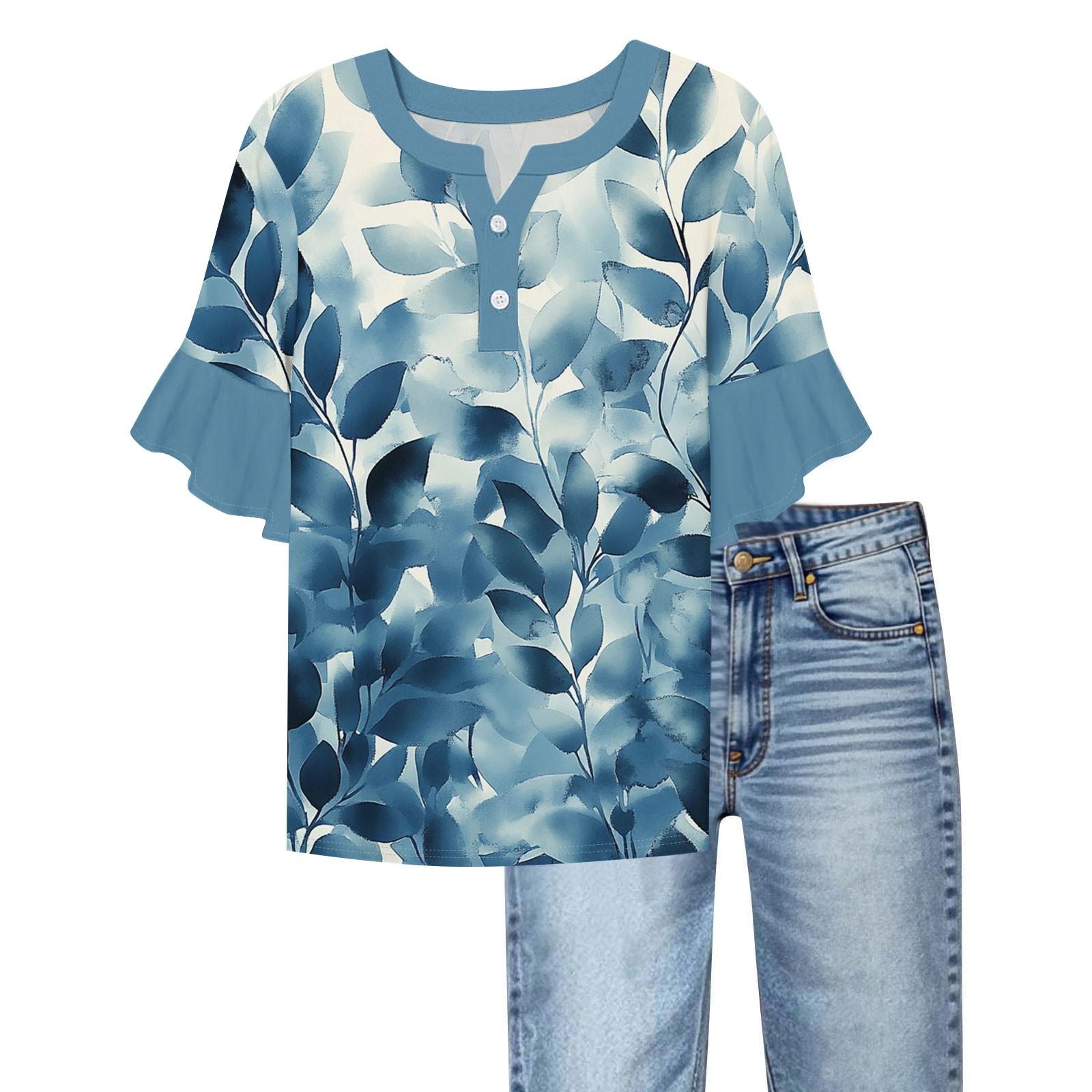 Women s Casual Fashion V-neck Ruffled Sleeves Loose Versatile Color Short Sleeves L