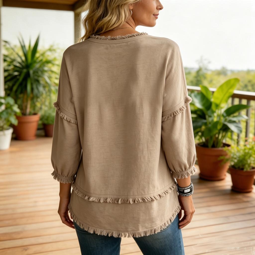 Women Casual Loose Fit Solid Color Three Quarter Sleeve Frayed Edge Trim V Neck Top Lightweight Comfortable Everyday Wear