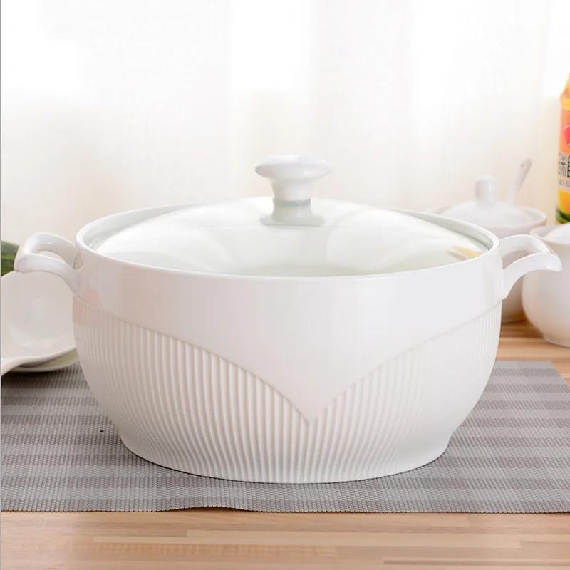 Ceramic Soup Pot Nordic Phnom Penh White Round 2.6L Large Bowl with Lid Cooking Utensils Household Kitchen Supplies Tableware