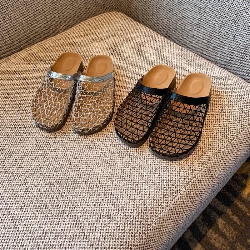 Hong Kong fishing net baotou half drag women summer new wear a pedal hollow thick bottom cool slippers women