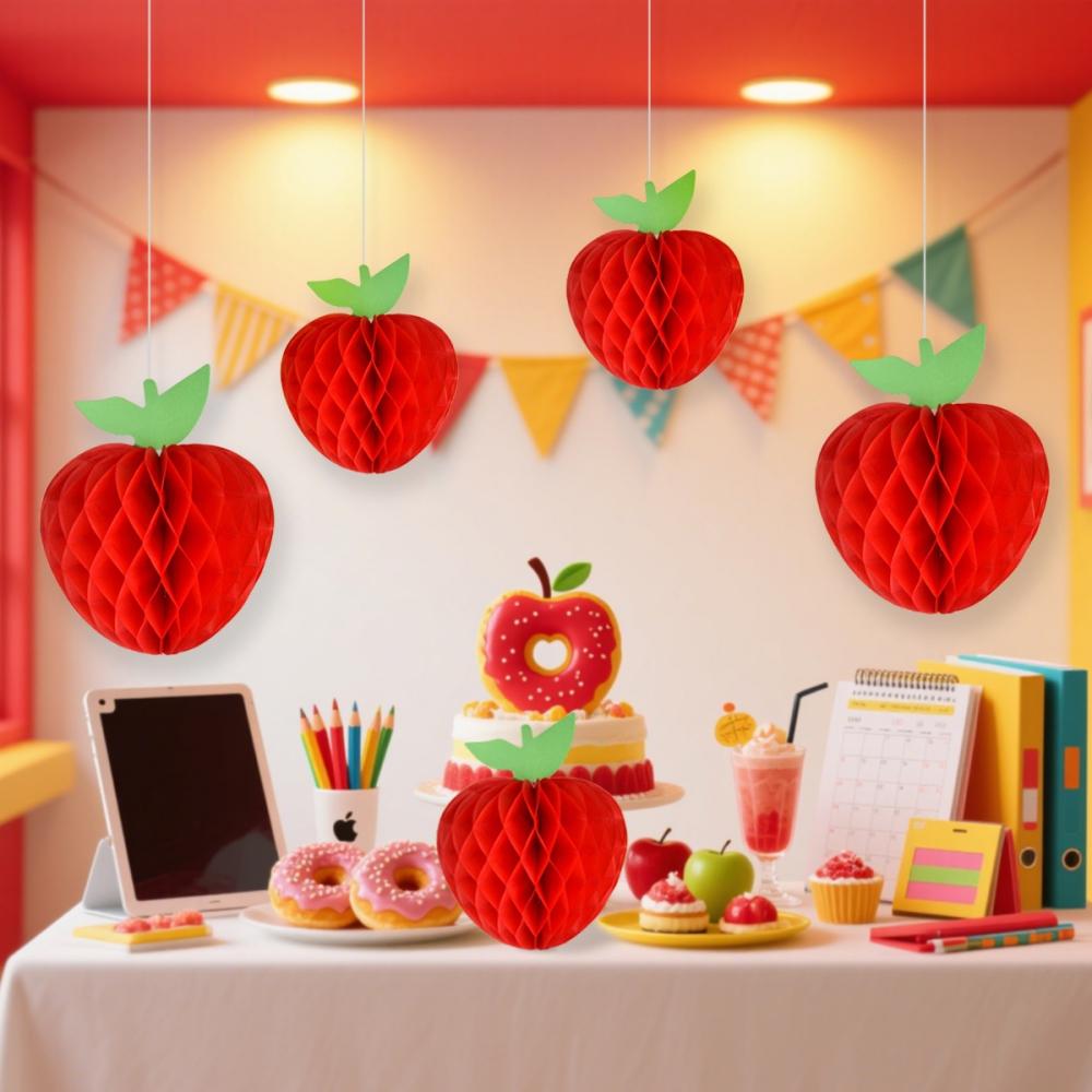 6Pcs10-20cm Red Apple Honeycomb Hanging Ornament for Birthday Back To School Carnival Christmas New Year Family Party Decoration 5