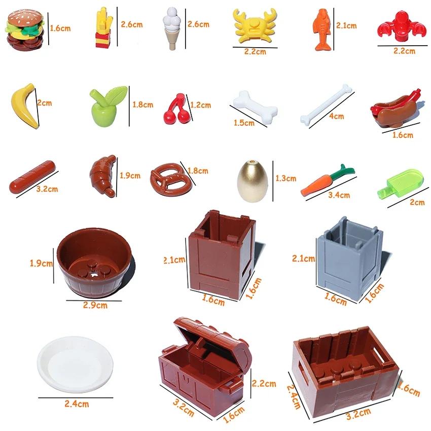 Non-Toxic Moc Food Accessories Fish Egg Bread Pizza Chocolate Fruit Carrot Hamburger Chips Chicken Bottle Bricks Building Blocks Toys