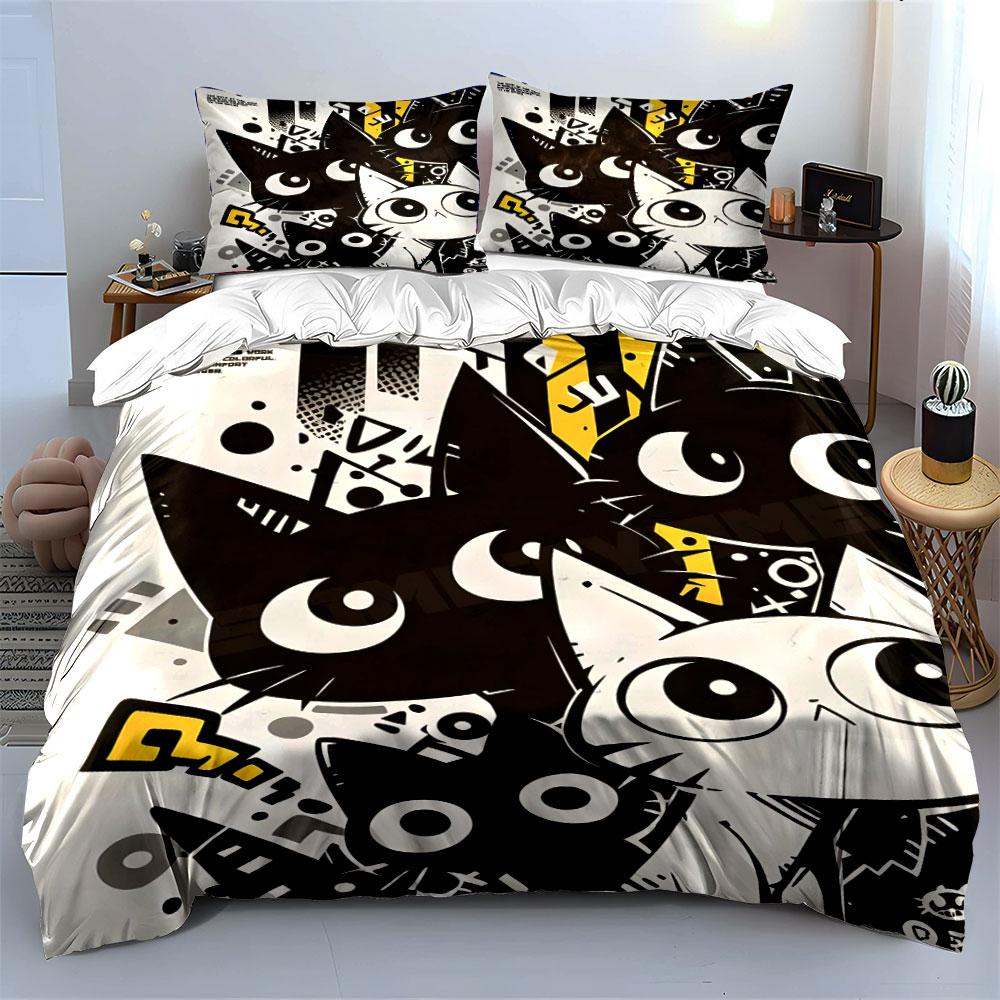 Cartoon cats with geometric patterns Print Bedding Set 1Duvet Cover 2Pillowcases for Adult and Children Luxury Gift Full Size