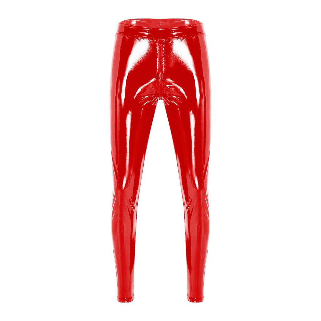 Mens Two Way Zipper Pants Wet Look Patent Leather Skinny Fit Clubwear