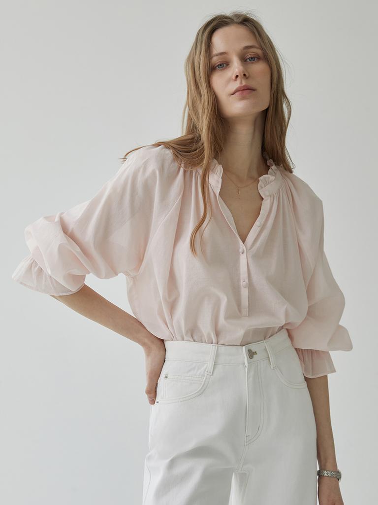 MOMET Vin Smoke Frill Blouse Pink
