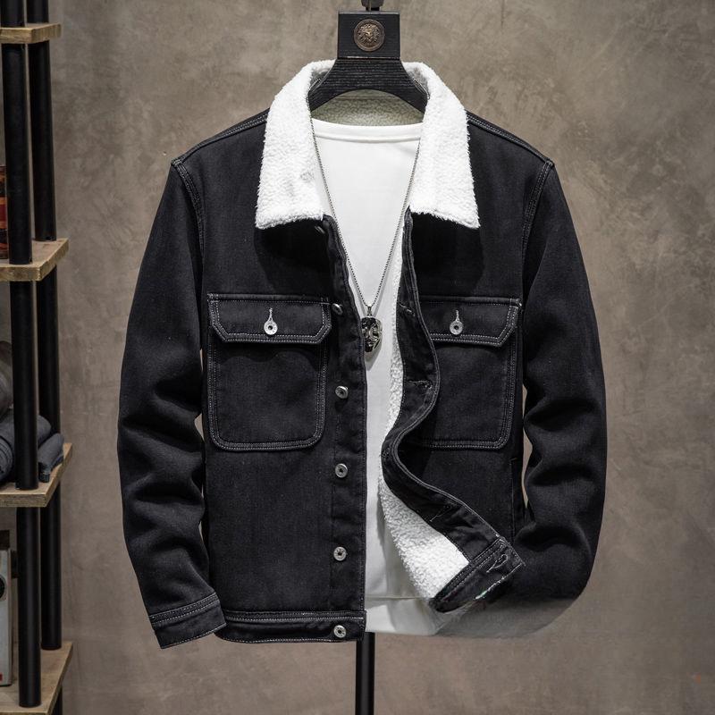 Velvet Thickened Denim Jacket Men's Cotton Removable Hooded Black Cotton Clothing Autumn and Winter Warm Jacket Trendy