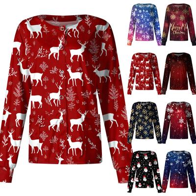 Women's Casual Long-sleeved Single-breasted Christmas Printed Protective Clothing Cardigan Top