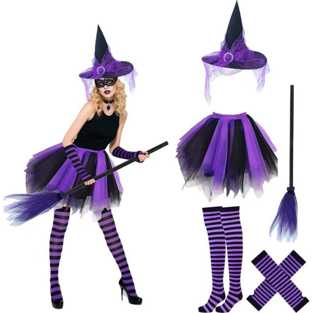 Halloween Party Festive Witch Hat Striped Stockings Trouser Set Hat Set