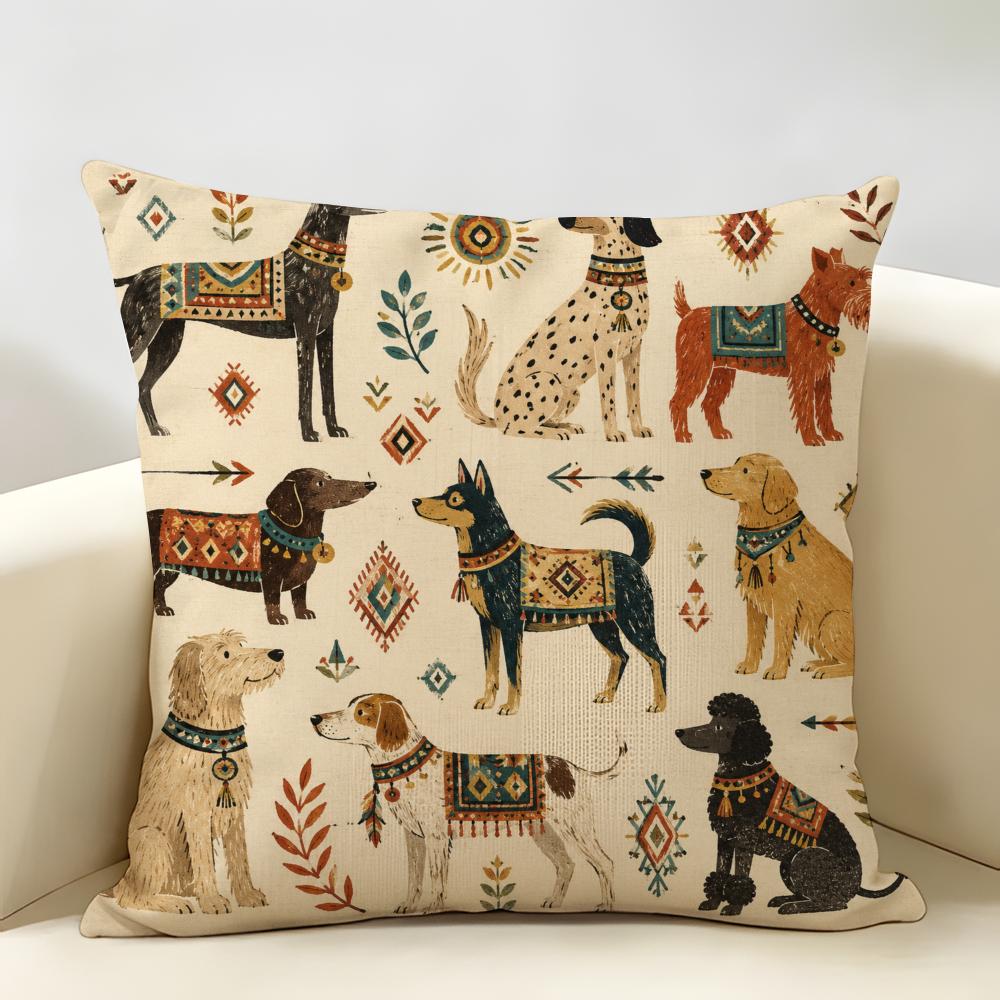 Colorful Dog Pattern Cushion Cover Durable Hypoallergenic Organic Linen Pillow Cover Short Size Washable SkinFriendly