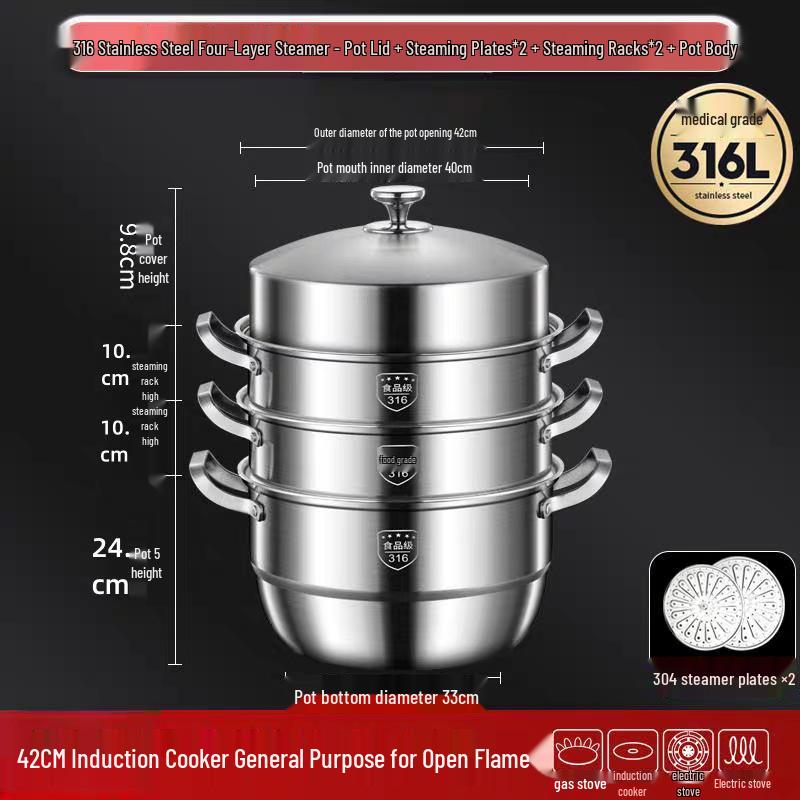 316 Stainless Steel High-Rise Steamer Pot, Extra Thick, Food-Grade, Large Capacity, Versatile 3-4 Layer Soup Pot